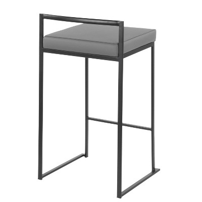 Black Metal and Wood Counter Stool with Grey Faux Leather Cushion