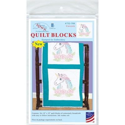 Jack Dempsey Stamped White Quilt Blocks 18"X18" 6/Pkg-Unicorn