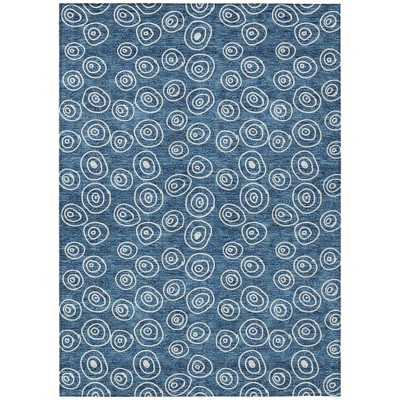 Navy Blue And Ivory Geometric Washable Indoor Outdoor Area Rug