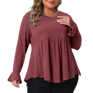 Women's Plus Size Pleat Peplum Curved Hem V Neck Ruffle Sleeve Casual Tunic Blouses - Agnes Orinda - 1 of 4