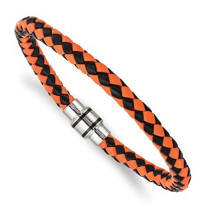 Black Bow Jewelry Stainless Steel Black or Black/Orange Leather 7mm Woven Bracelet, 9 In - 1 of 4