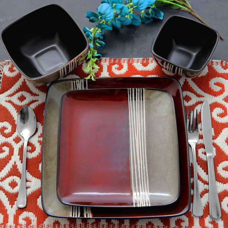 16pc Stoneware Double Color Square Dinnerware Set Red/Tan - Elama, 4 of 7