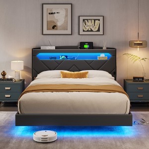 Floating Bed Frame Bedframe with Headboard, Black Queen Size Bed Frames with Storage - 1 of 4