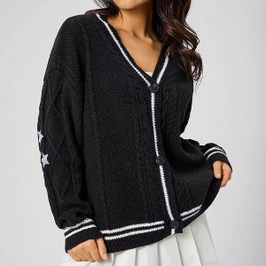Coolmee Women's Cardigan Star Embroidery Knit Open Front Cardigan V Neck Long Sleeve Oversized Button Sweater Coat Outwear - 1 of 4