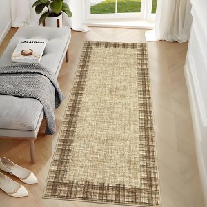 Modern Bordered Plaid Runner Rug 2x6 Ft Soft Thin Washable Hallway Runner with Non-Slip TPR Rubber Backing, Foldable Low Pile Non Shedding Rug - 1 of 4