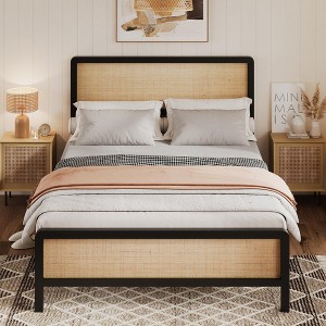 Full Size Platform Bed Frame with Natural Rattan Headboard Footboard, Metal Frame with Under-Bed Storage, Strong Slats Support, No Box Spring Needed - 1 of 4