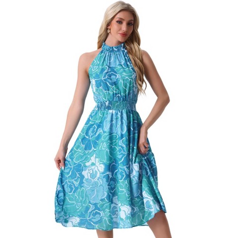 Женские платья INSPIRE CHIC Women's Boho Summer Halter Neck Sleeveless Casual Floral Print Midi Sundresses Blue Green X-Large
