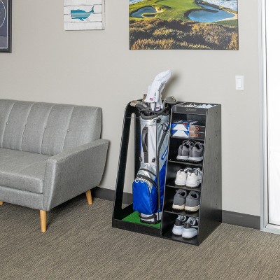 Black Wooden Freestanding Golf Bag Organizer with Multiple Compartments