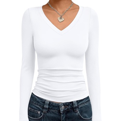 Fashion V Neck Slim Fitted Long Sleeve Crop Tops Y2K Basics Outfits Clothes Women's 2025 Fall