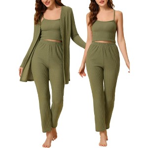 cheibear Women's 3pcs Knit Lounge Sleepwear Pants Shrug Cardigan  Pajama Set - 1 of 4