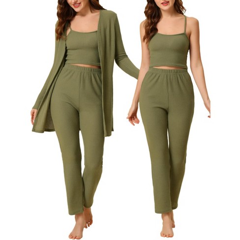 DanceeMangoo Pocket Fashion Sleepwear Single-Breasted Womens Pajamas Set  Knitted Sets Womens Outfits Home Suit For Women Pajama Green