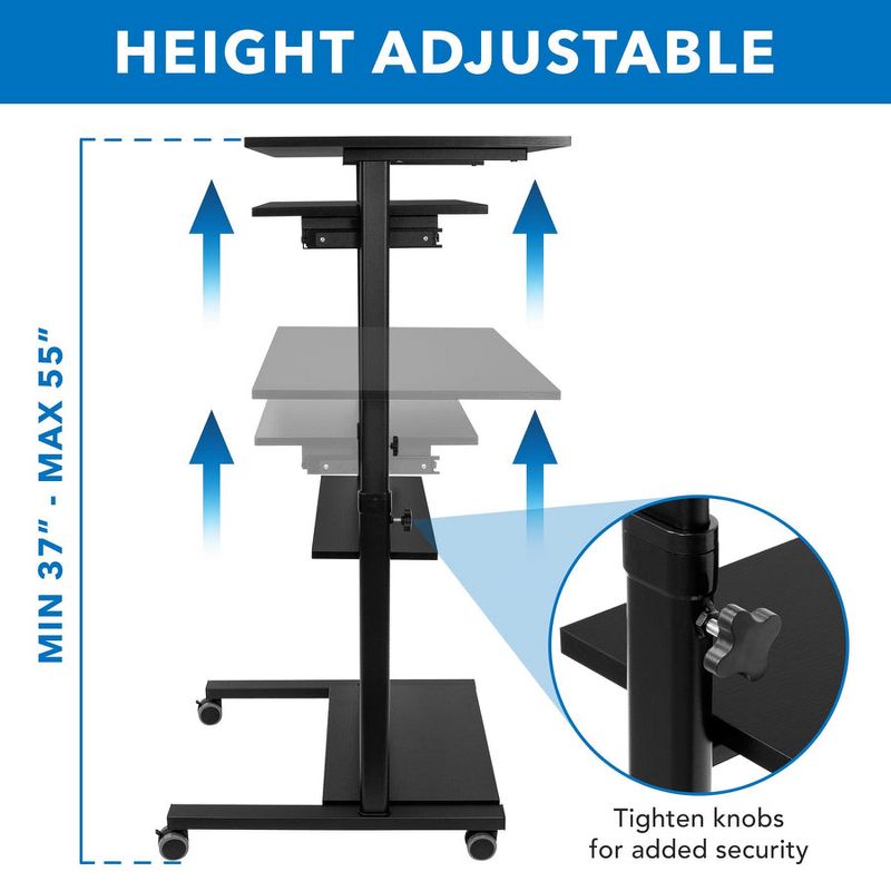 Mount-It! Mobile Standing Desk w/ Retractable Keyboard Platform | Height Adjustable Stand Up Computer Workstation | Locking Wheels | 99 Lbs. Capacity, 6 of 12