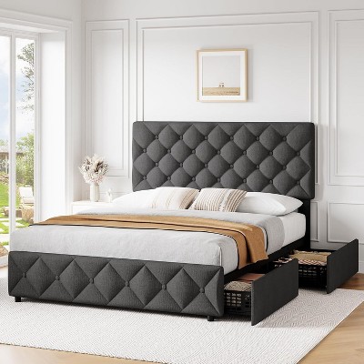 Homhougo Full Size Bed Frame with 4 Storage Drawers, Upholstered Platform Bed Frame with Adjustable Headboard, Diamond Stitched Button Tufted, Grey