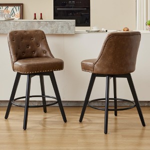26" H Set of 2 Swivel Bar Chair with Back Solid Wood Legs and Faux Leather Upholstered Back for Kitchen Island - 1 of 4