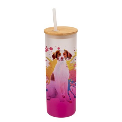 100 North 25 Ounce Frosted Glass Gradient Travel Tumbler With Straw & Wooden Lid, Brittany Spaniel Paint Splatter Pink