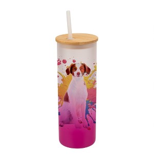100 North 25 Ounce Frosted Glass Gradient Travel Tumbler With Straw & Wooden Lid, Brittany Spaniel Paint Splatter Pink - 1 of 4