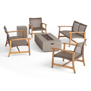 Christopher Knight Home Augusta Outdoor Acacia Wood and Wicker 6 Seater Chat Set with Fire Pit - 1 of 4
