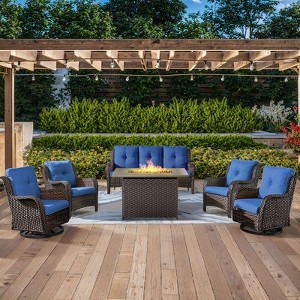 POCASSY 6-Piece Outdoor Furniture Set with Fire Pit Table, All Weather Wicker Outdoor Conversation Set Patio Sofa Set with Swivel Chairs and Fire Pit - 1 of 4