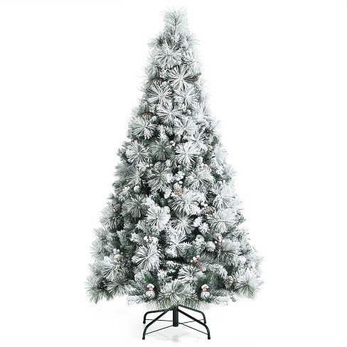 Costway 7ft Snow Flocked Hinged Christmas Tree w/ Berries & Poinsettia Flowers - White