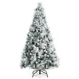 Costway 6ft Artificial Christmas Tree, Snow Flocked Hinged Xmas Tree w/ Pine Needles, Red Berries, Pine Cones & Metal Base