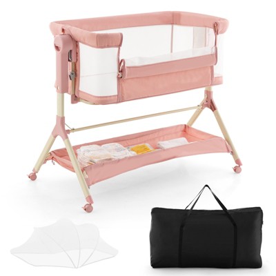Image of Babyjoy Height Adjustable Bedside Sleeper Easy Folding Baby Crib with Storage Bag Pink