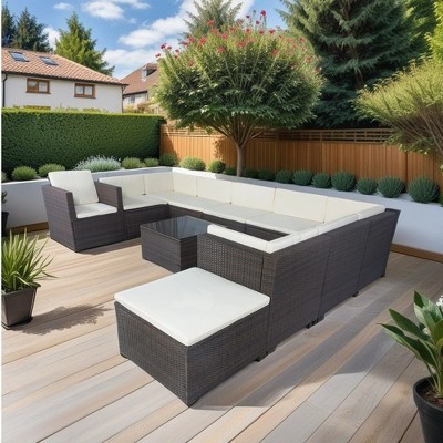 YOOCOZZ 11-Piece Outdoor Patio Rattan Conversation Set & Sectional Sofa Set with Storage Seats - Beige+Grey