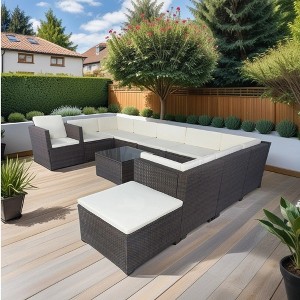 YOOCOZZ 11-Piece Outdoor Patio Rattan Conversation Set & Sectional Sofa Set with Storage Seats - Beige+Grey - 1 of 4