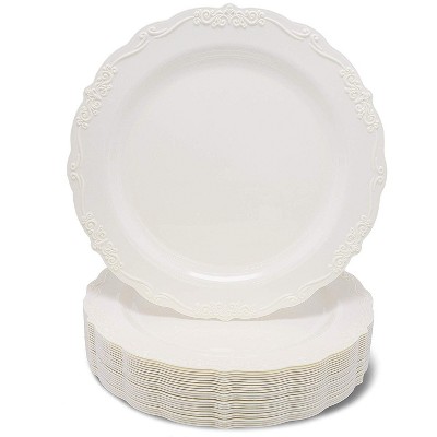 Juvale Wedding Dinnerware, Cream Plastic Plates for Parties, Birthdays (9 x 9 In, 25 Pack)