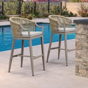 PURPLE LEAF Outdoor Bar Stools Set of 2 Patio Wicker Modern High Bar Chairs Metal Cushioned Barstools with Backs and Ergonomic Armrest - 1 of 1