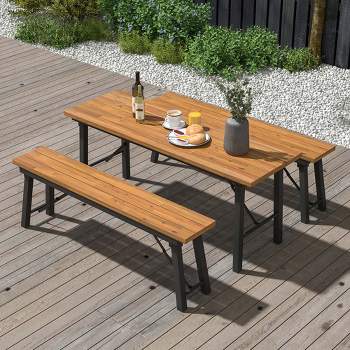 Costway Folding Picnic Table & Bench Set Dining Table with Metal Frame for 4 or 6 Persons