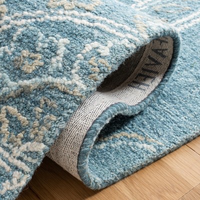 Ivory and Blue Floral Handmade Wool Square Rug