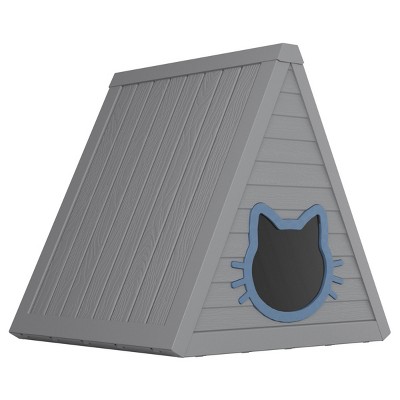 SEVOBAL Pet Crates and Houses Triangular Weatherproof Cat Shelter, Cozy Outdoor Indoor House with Escape Door, Gray, 23.82"*25.59"*25.67"