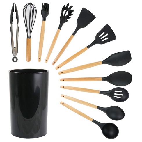 Megachef 12 Piece Black Silicone And Wood Cooking Utensils Set : Target