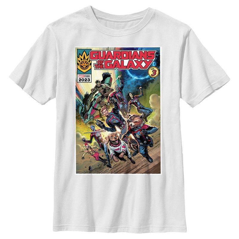 Boy's Guardians of the Galaxy Vol. 3 Action Comic Book Poster T-Shirt, 1 of 5