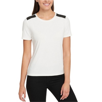 Tommy Hilfiger Womens Faux-Leather Basic T-Shirt, Off-White, Large