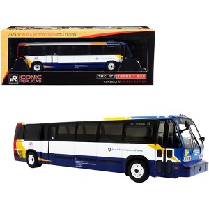 1999 TMC RTS Transit #99 Journal Sq. "Red & Tan in Hudson County" (New Jersey) White & Blue 1/87 (HO) Model by Iconic Replicas - 1 of 4