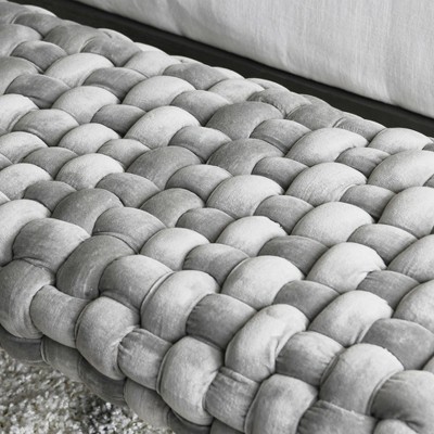 Modern Boho 44.5" Chunky Woven Velvet Bench with Solid Wood Legs, Gray & Black
