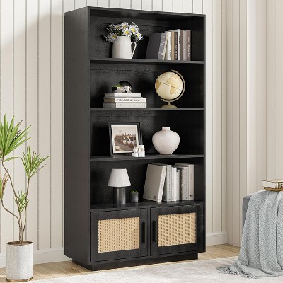 5 Tier Boho Bookcase with Rattan Doors, Wooden Tall Bookshelf with Storage, Large Bookshelf for Living Room, Bedroom, Home Office, Kitchen