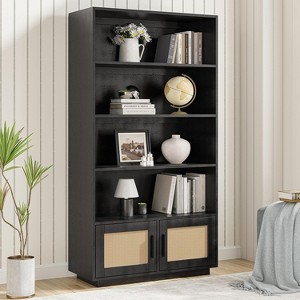 5 Tier Boho Bookcase with Rattan Doors, Wooden Tall Bookshelf with Storage, Large Bookshelf for Living Room, Bedroom, Home Office, Kitchen - 1 of 4