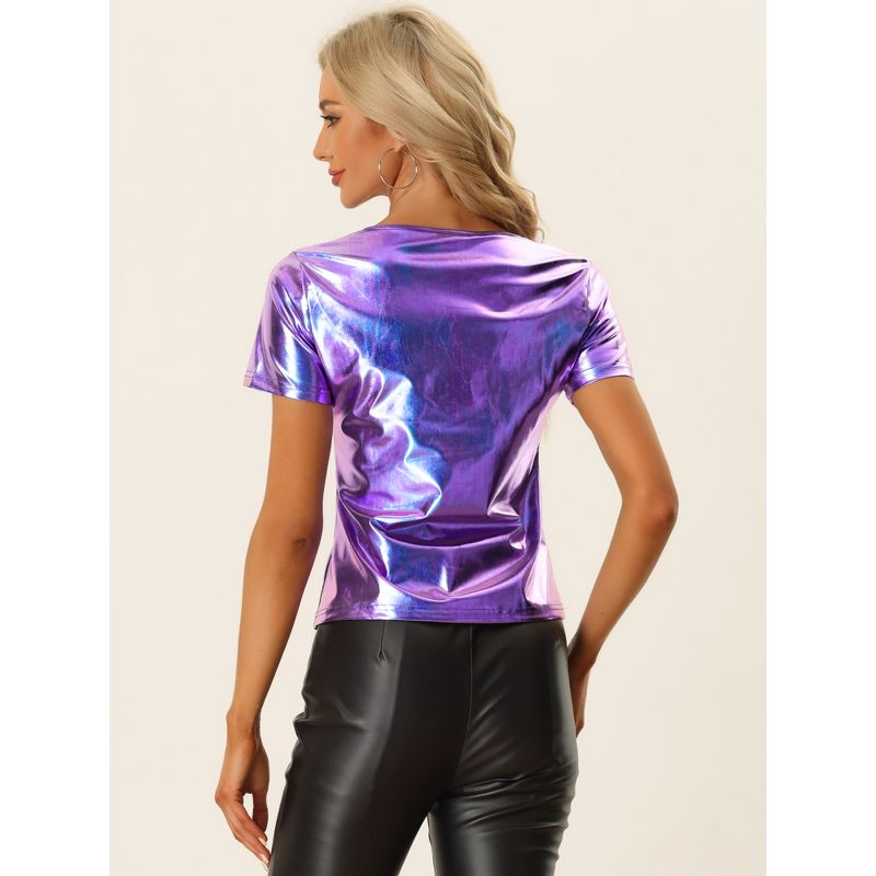 Allegra K Women's V Neck Short Sleeve Party Clubwear Shiny Metallic Blouses, 3 of 7