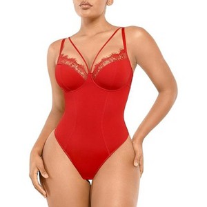 SHAPELLX Women's Shapewear Bodysuit Tummy Control Body Shaper Lace Sculpting Snatched Waist Body Suit V Neck Thong Bodysuit—Red 38 - 1 of 3