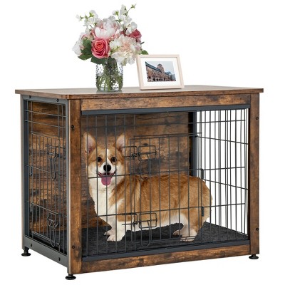 Tangkula Wooden Dog Crate Furniture with Pad Bed Double Doors Dog Kennel End Table