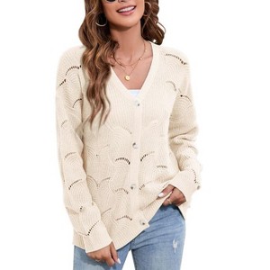 Whizmax Women's Crochet Cardigan Lightweight Long Sleeve Hollow Out Kint Outwear Sweater Light Apricot L - 1 of 4