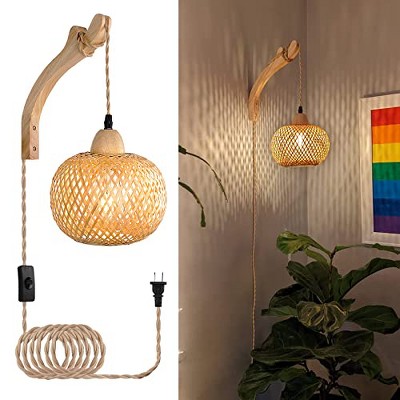 TOBILI Bamboo Lantern Plug in Wall Sconces Wicker Wall Lamp with Plug in Cord Hand Woven Rattan Wall Light Farmhouse Rustic