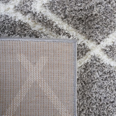Gray Geometric Hand-knotted Shag Rug, 5' x 7'