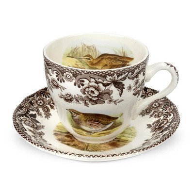 Spode Woodland 7 oz Teacup & Saucer Set - Fine Earthenware with Quail, Pheasant, Snipe, Rabbit Designs, English Tableware