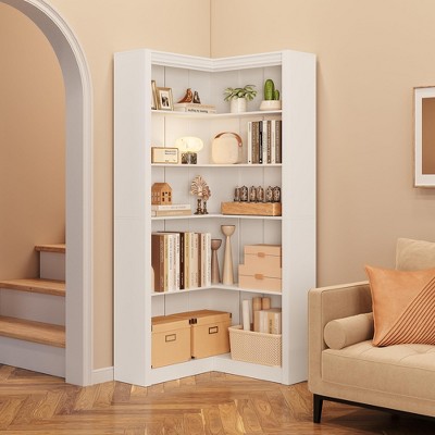 White Wood Tall Corner Bookcase with 5 Tiers