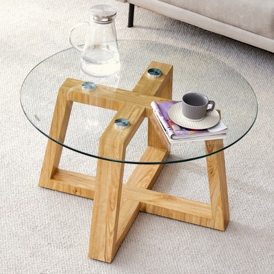 KIGFTSOD Modern Practical Circular Coffee Tables with Transparent Tempered Glass Tabletop and Wood-Colored MDF Material for Living Rooms and Bedrooms