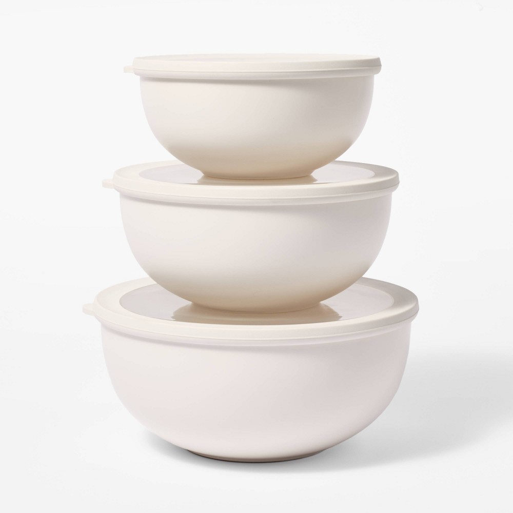 Set of 3 Plastic Mixing Bowl Set with Lids Cream - Figmintâ„¢