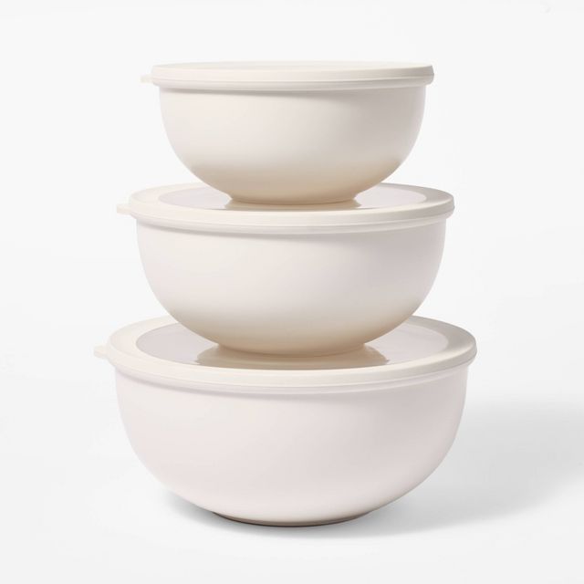 6pc (set of 3) Plastic Mixing Bowl Set with Lids Cream - Figmint